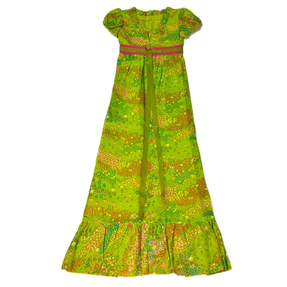 Vintage 1960’s to 1970’s Colorful Green Floral Print Puff Sleeve Maxi Dress - Picture 2 of 12